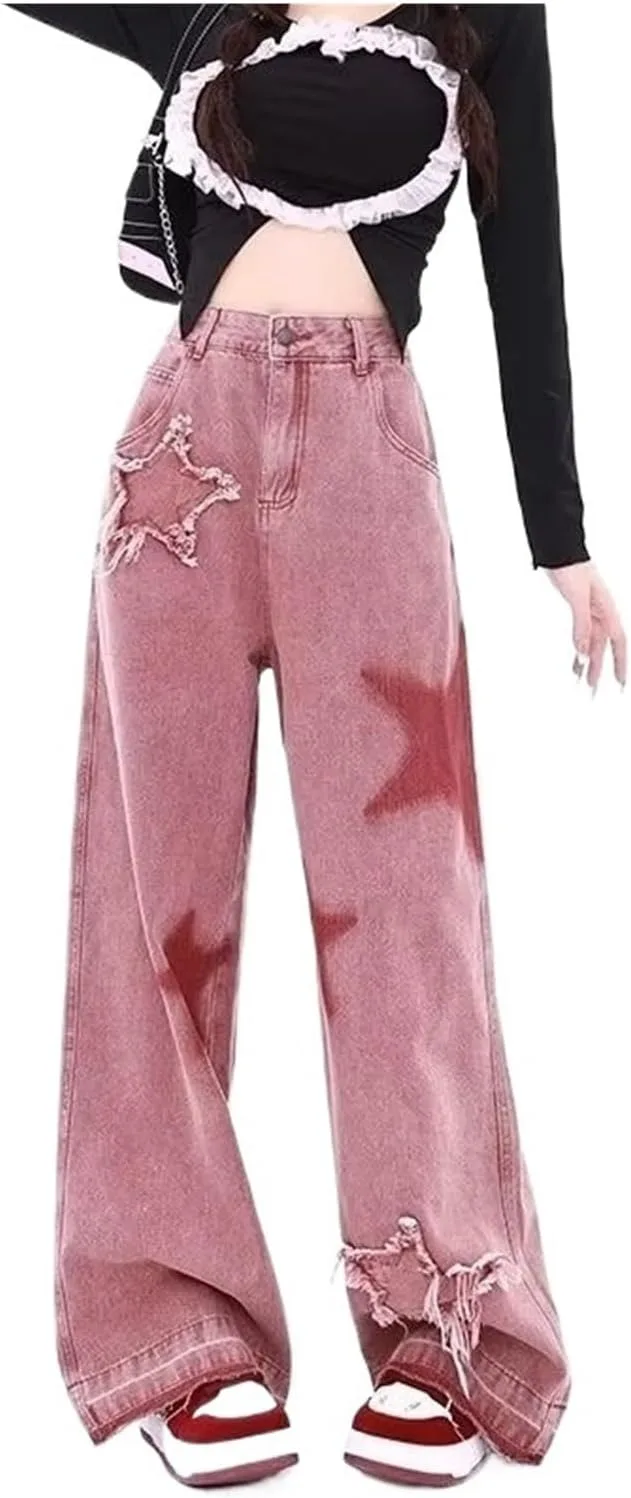 

Star Jeans Wide Leg для женщин, эластичная талия, принт со звездами, джинсы-брюки с карманом xyunluk