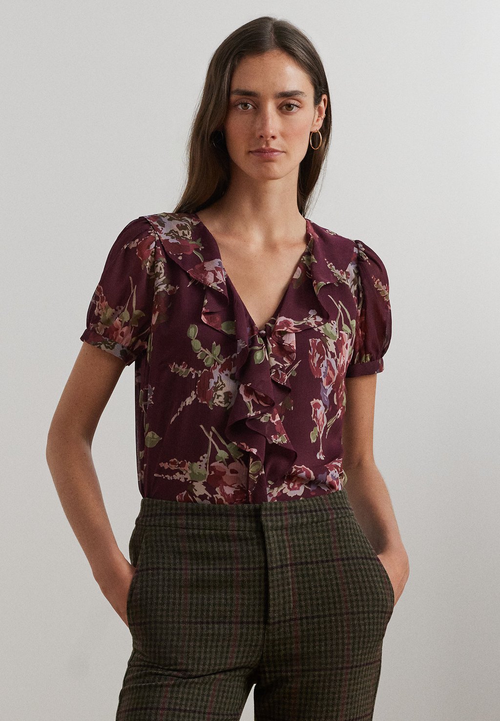 

Блуза FLORAL GEORGETTE PUFF SLEEVE BLOUSE Lauren Ralph Lauren Petite, бордовый