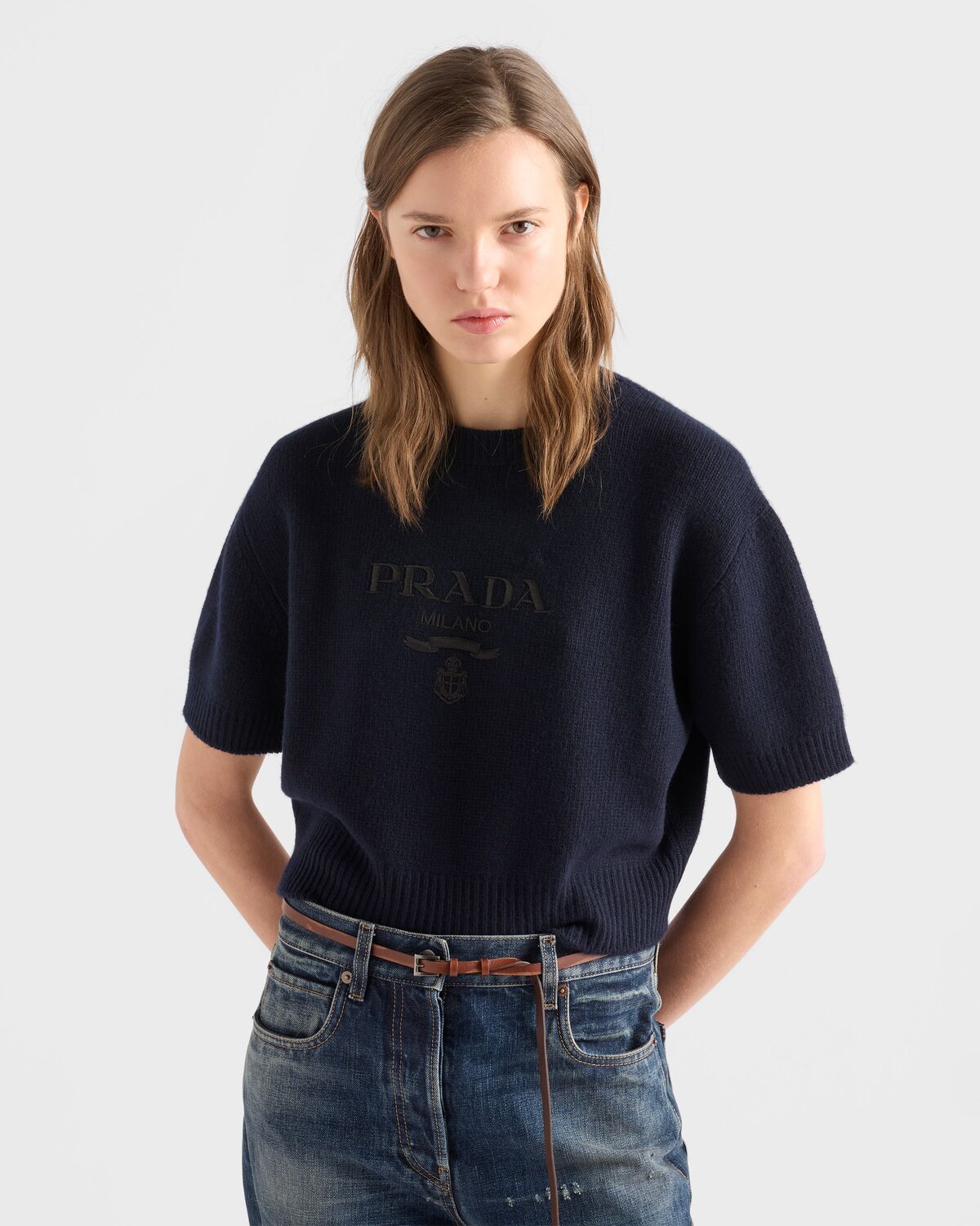 Шерстяной свитер с кашемиром и круглым вырезом Prada, синий — фото 4