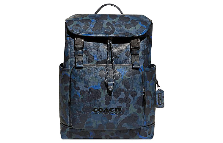 

Сумка-рюкзак большая мужская синяя и черная из кожи коровы с текстильной спинкой COACH