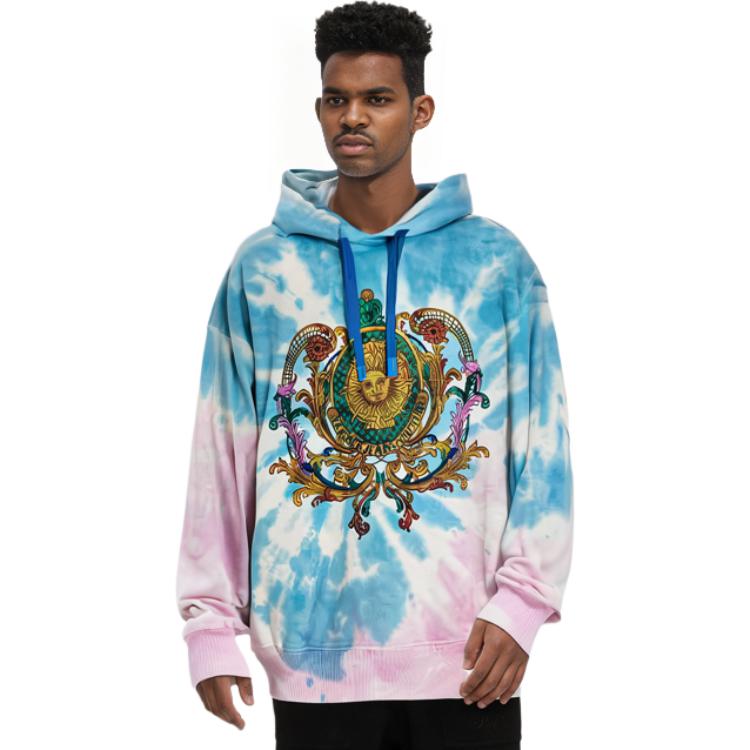 Футболка с капюшоном Versace в технике тай-дай с принтом Barocco и шнурком, разноцветная — фото 4
