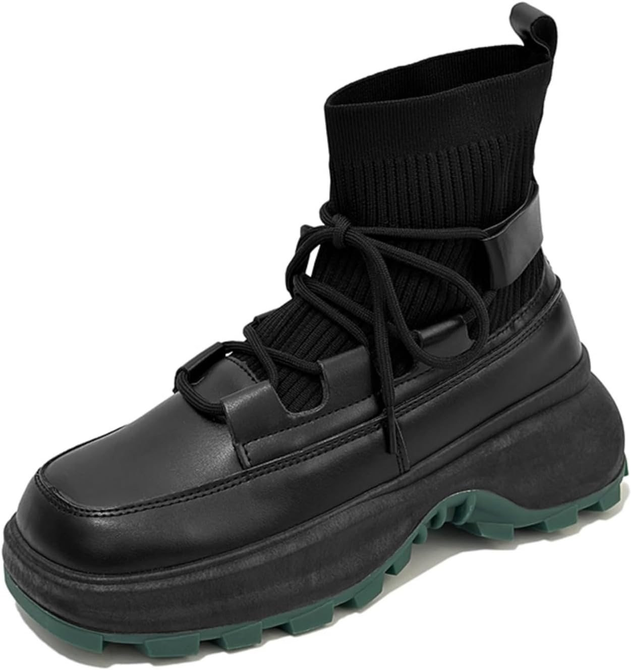 

Мужские кожаные ботинки до щиколотки с вязаным воротником-носком, Толстая подошва (с зелеными акцентами/все черное), Противоскользящие для прогулок по городу, осень-зима, комфортные Kelibasi