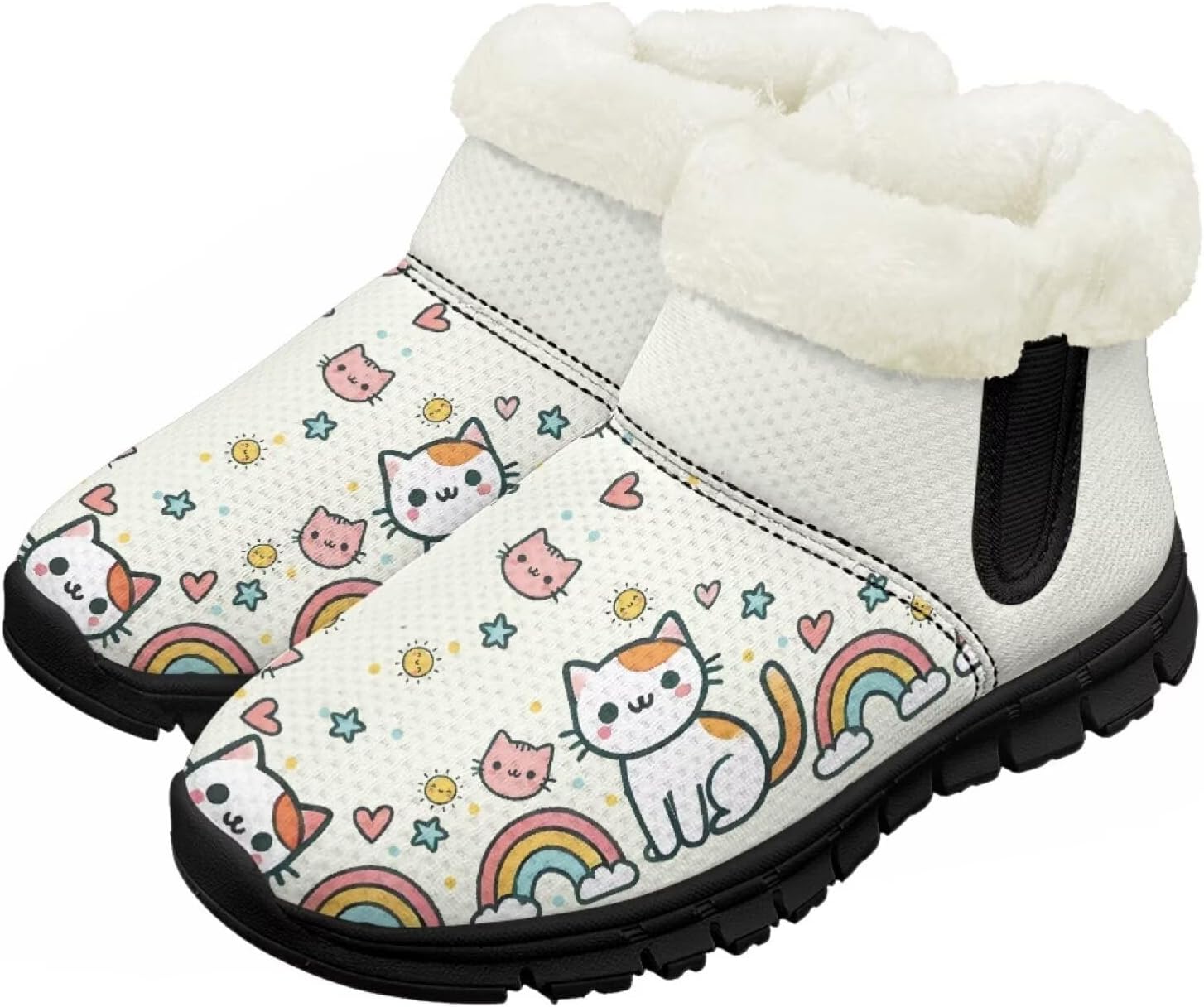 

Большие и маленькие детские зимние сапоги с меховой подкладкой для девочек, пушистые сапоги, нескользящие уютные зимние ботинки для улицы Pointodoor, Cat Rainbow Print