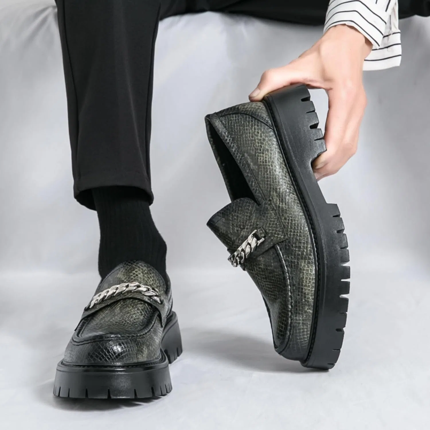 Лоферы мужские из текстурированной кожи на платформе, Penny Loafer, зеленый — фото 3