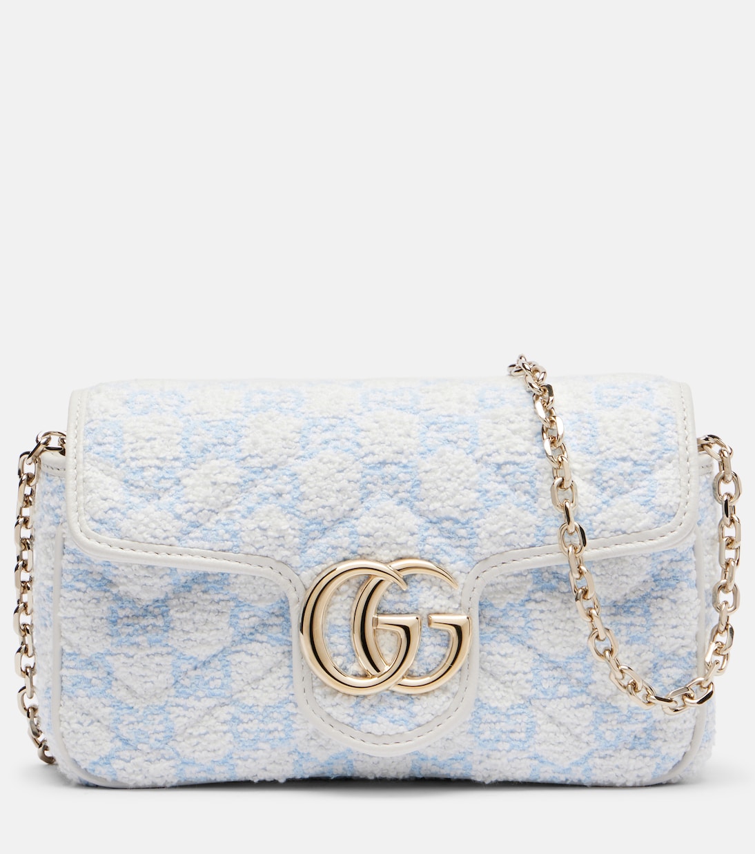 

Мини-сумка GG Marmont через плечо из букле Gucci, White Lt Blu/Gr.Whit