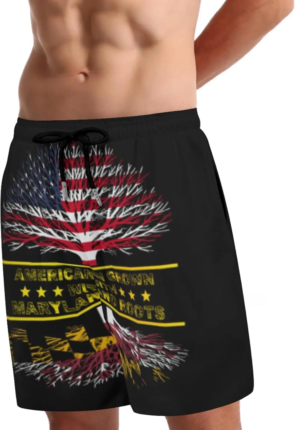 Мужские плавки American Grown and Maryland Roots с сетчатой ​​подкладкой, завязками, быстросохнущие, с карманами Generic, черный — фото 2