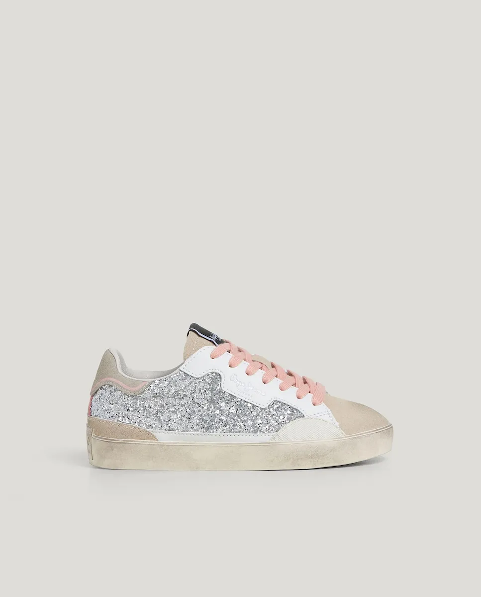 

Детские кроссовки Lane Chic с серебристым блеском и розовыми шнурками Pepe Jeans