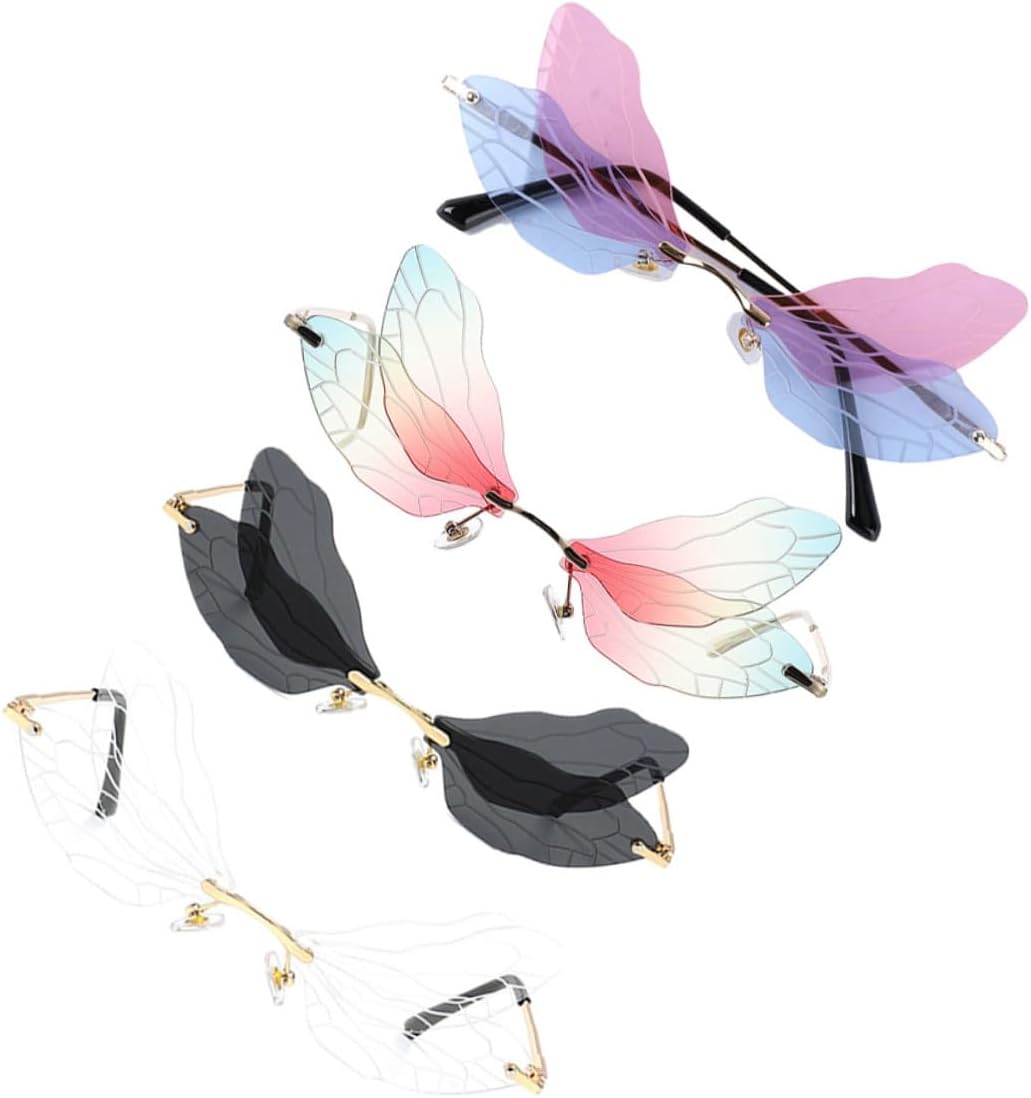 

Набор из 4 пар женских солнцезащитных очков Beaupretty с крыльями стрекозы, без оправы, зеркальными линзами и золотой оправой, идеально подходящих для вечеринок на открытом воздухе и путешествий, Assorted Color