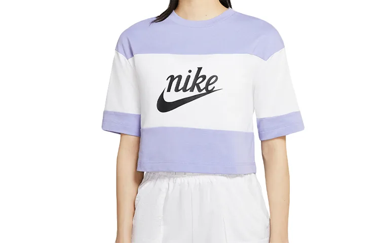 Nike Кроп-топ женский белый/светло-сиреневый/черный с круглым вырезом — фото 2