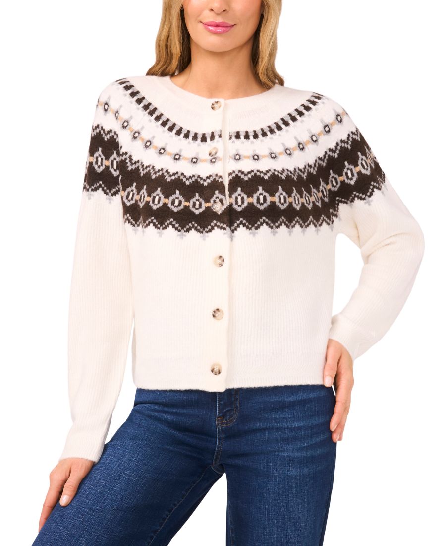 

Женский кардиган с длинными рукавами в стиле Fair Isle и рукавами реглан CeCe, Antique White