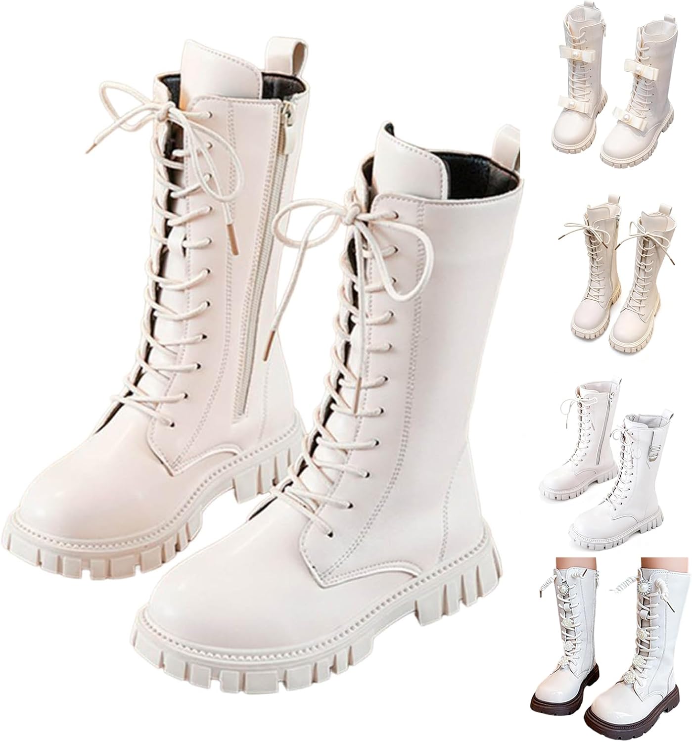 

Девочкам: сапоги для верховой езды с шнуровкой, сапоги до середины голени, боевые ботинки, модные водонепроницаемые из искусственной кожи с боковой молнией, панк-гот стиль, для детей 4-12 лет Generic, A01 White