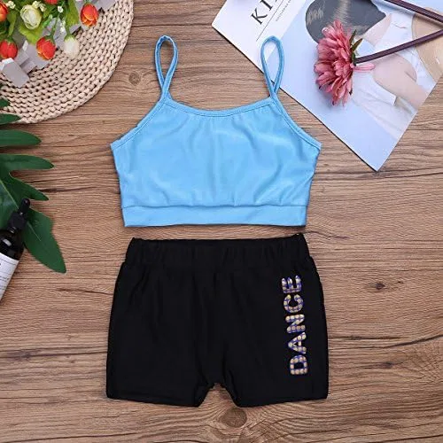 Детский спортивный комплект Freebily, топ на бретелях и лосины, Sky Blue&black — фото 4