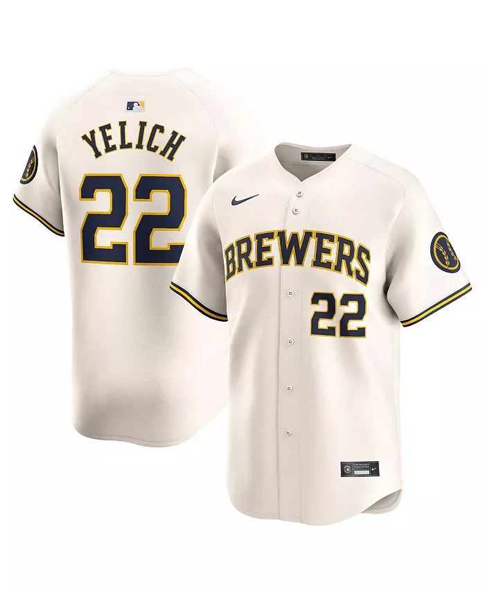 

Мужская лимитированная игровая футболка Christian Yelich в кремовом цвете Milwaukee Brewers Home Nike