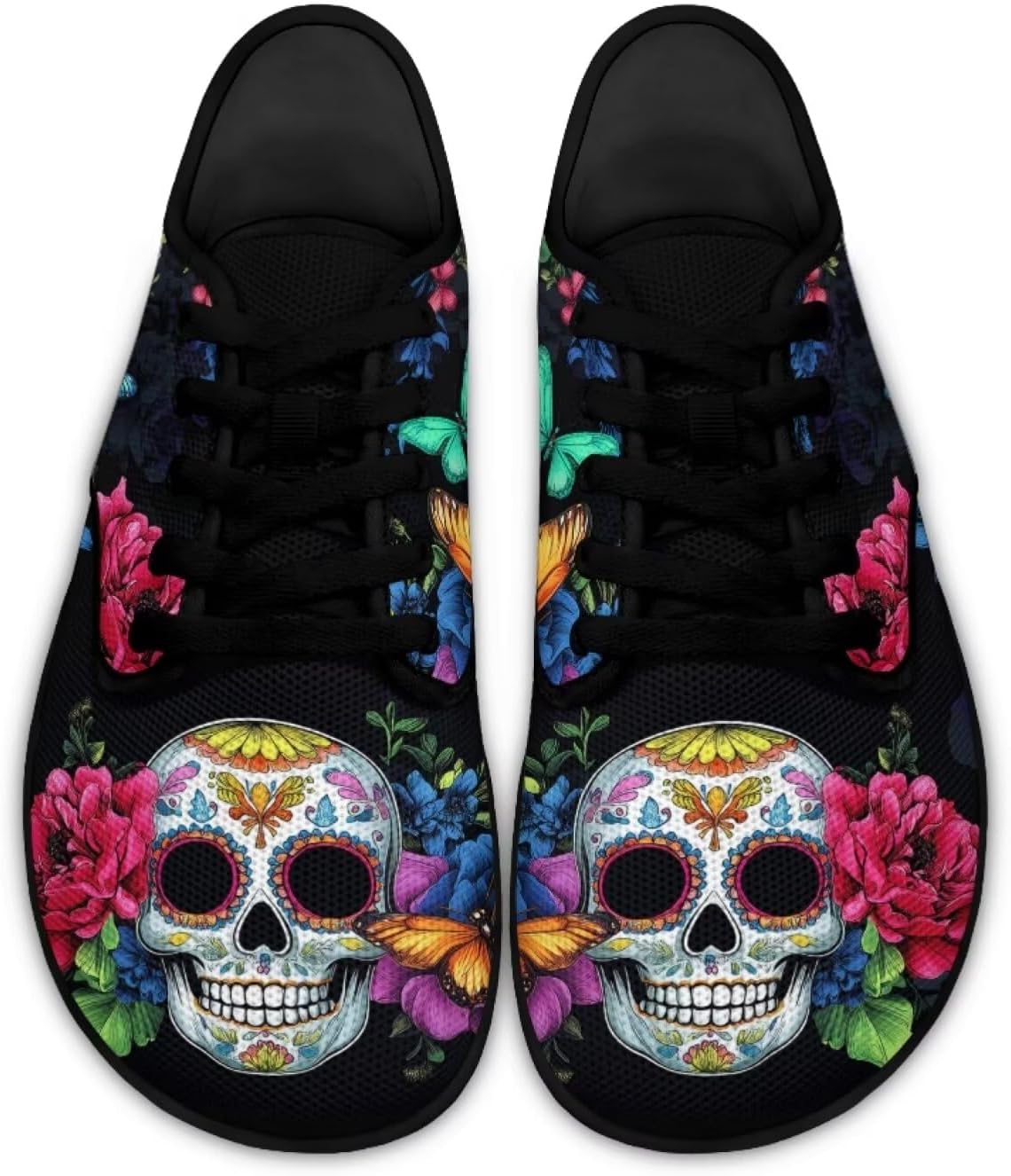 

Женские кроссовки с черепами для ходьбы и бега, модные туфли на шнуровке, лоферы для вождения Ecaestolph, Sugar Skull Flower Blue Butterfly