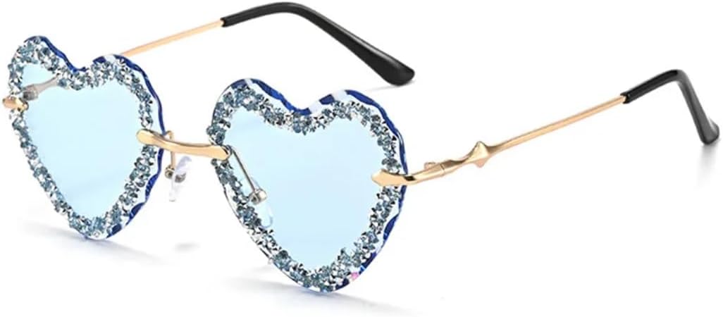 

Женские блестящие солнцезащитные очки с бриллиантами, сексуальные, без оправы, со стразами, металлические, в форме сердца, с защитой от УФ-излучения UV400 TVTBBVV, Gold-blue