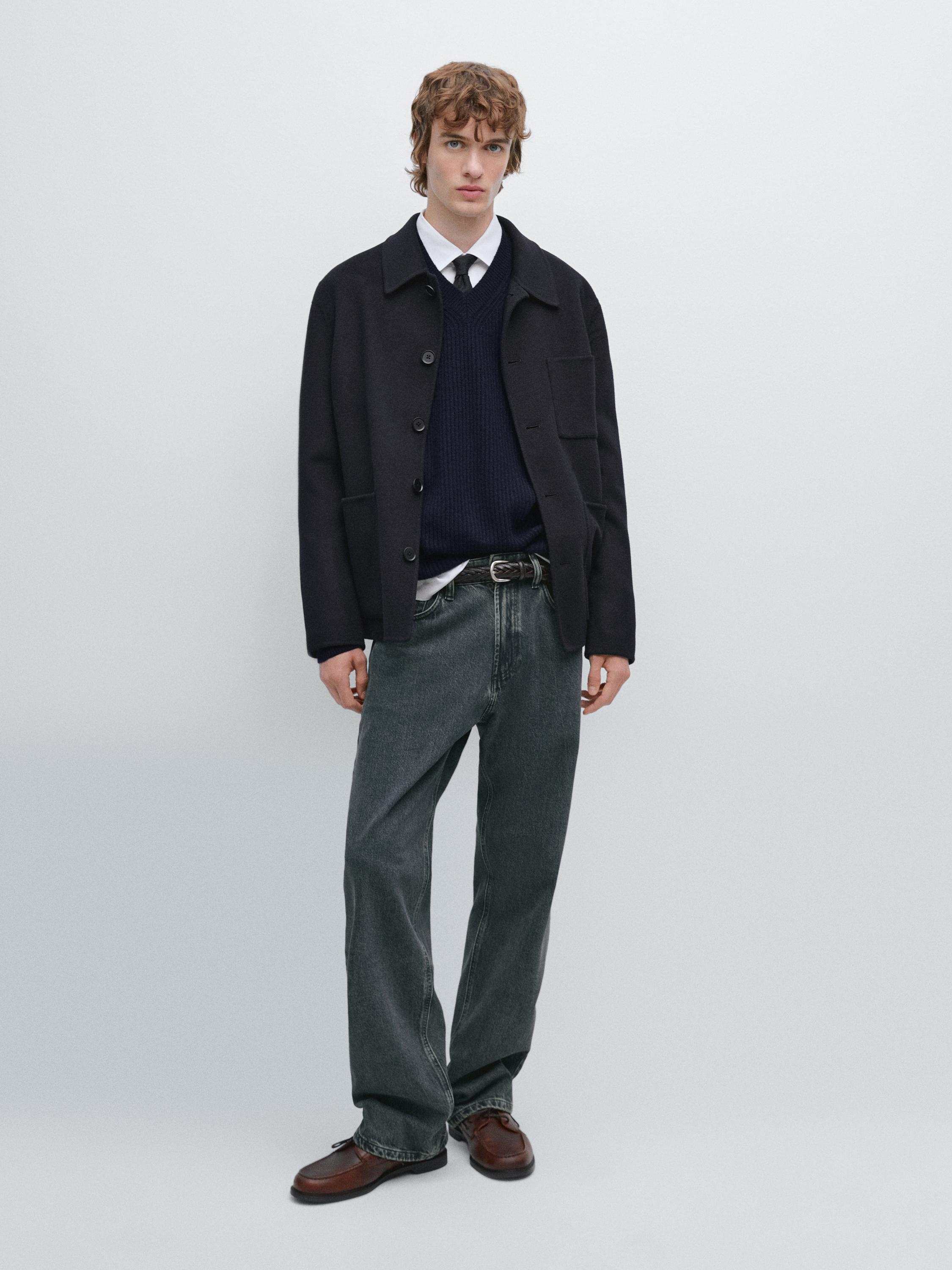 

Верхняя рубашка из шерстяной смеси двойной вязки с карманами Massimo Dutti, темно-синий