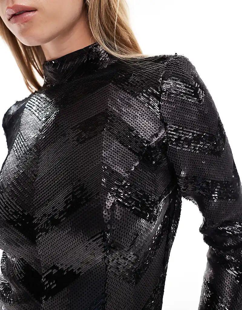 Платье миди Superdry Chevron с открытой спиной, черное, с пайетками — фото 3