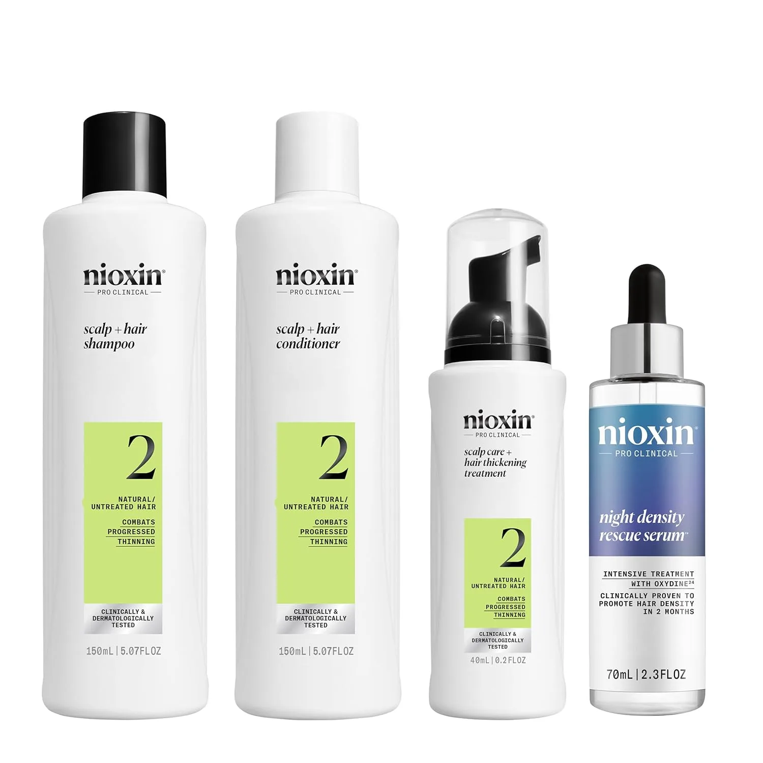 Набор Nioxin System Kit 2 для очищения, кондиционирования и ухода за кожей головы для более густых и сильных волос, запас на 3 месяца + Night Density Rescue, ночная несмываемая антиоксидантная сыворотка для густоты и объема волос