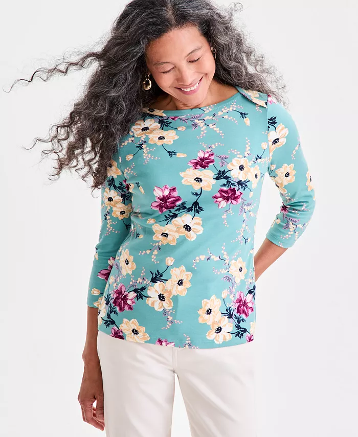 

Женский топ с принтом из пима-хлопка с 3/4 рукавом и лодочкой Style & Co, синий