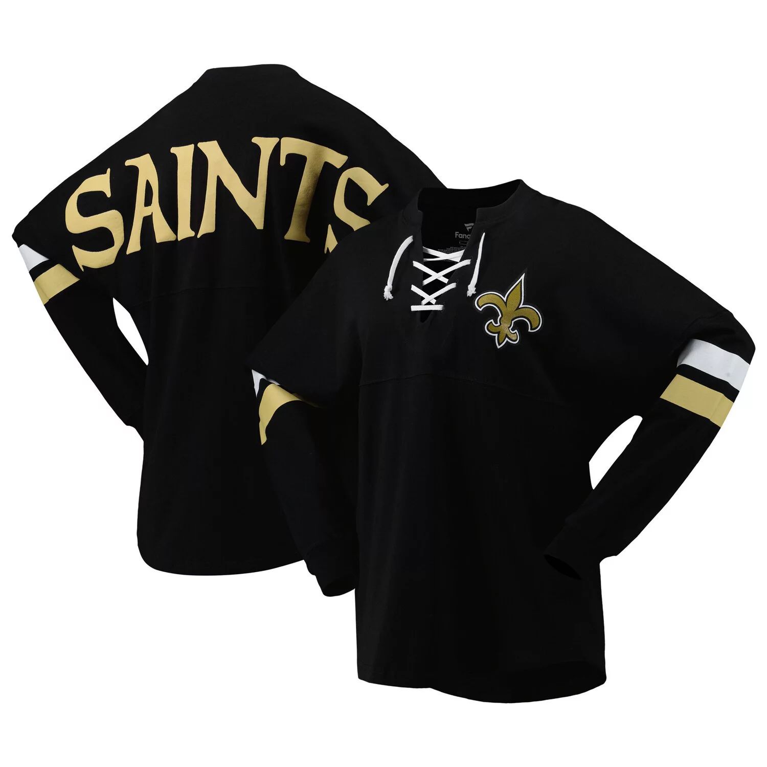 

Женская черная фирменная футболка Fanatics New Orleans Saints Spirit из джерси на шнуровке с v-образным вырезом и длинными рукавами Fanatics, Черный, Женская черная фирменная футболка Fanatics New Orleans Saints Spirit из джерси на шнуровке с v-образным в