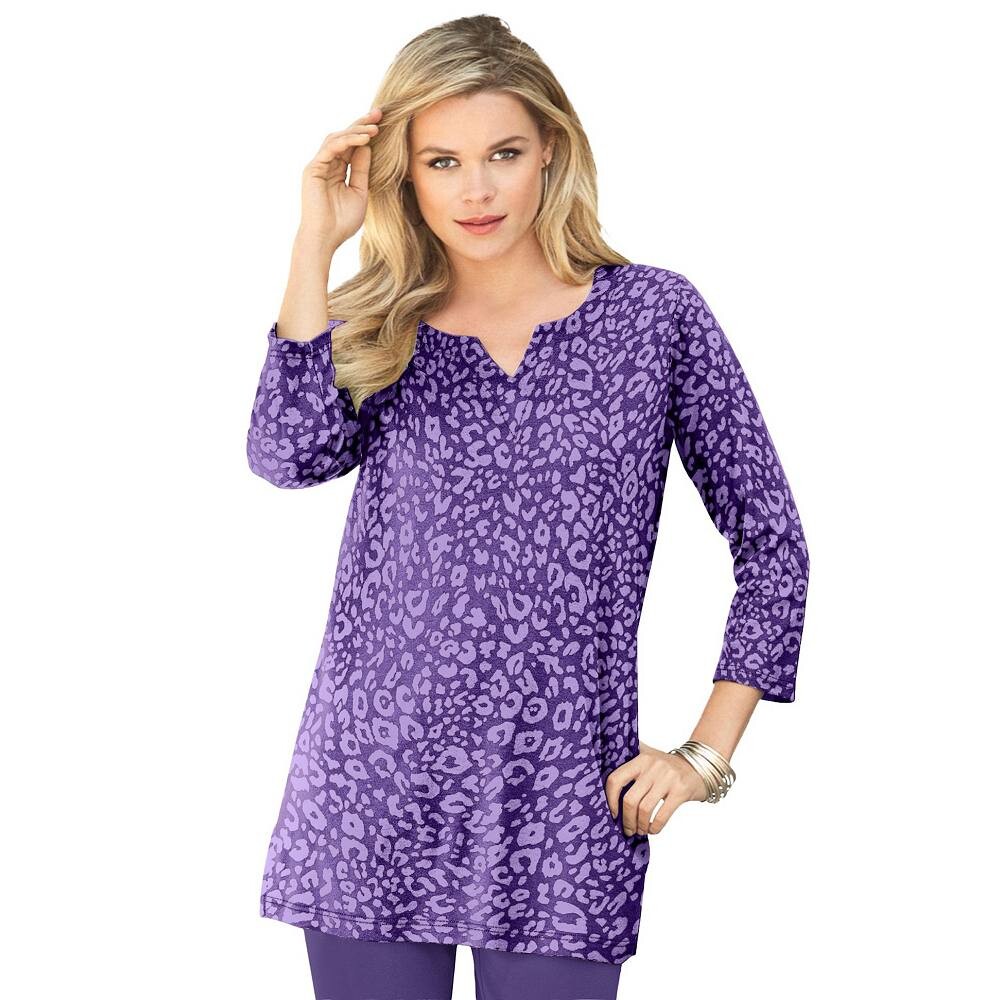 

Женская мягкая трикотажная туника больших размеров Roaman с вырезом три четверти и вырезом Roaman's, цвет Violet Animal Spots