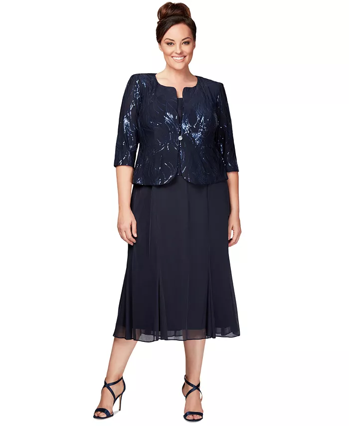 

Платье и жакет из шифона с пайетками Plus Size Alex Evenings, синий