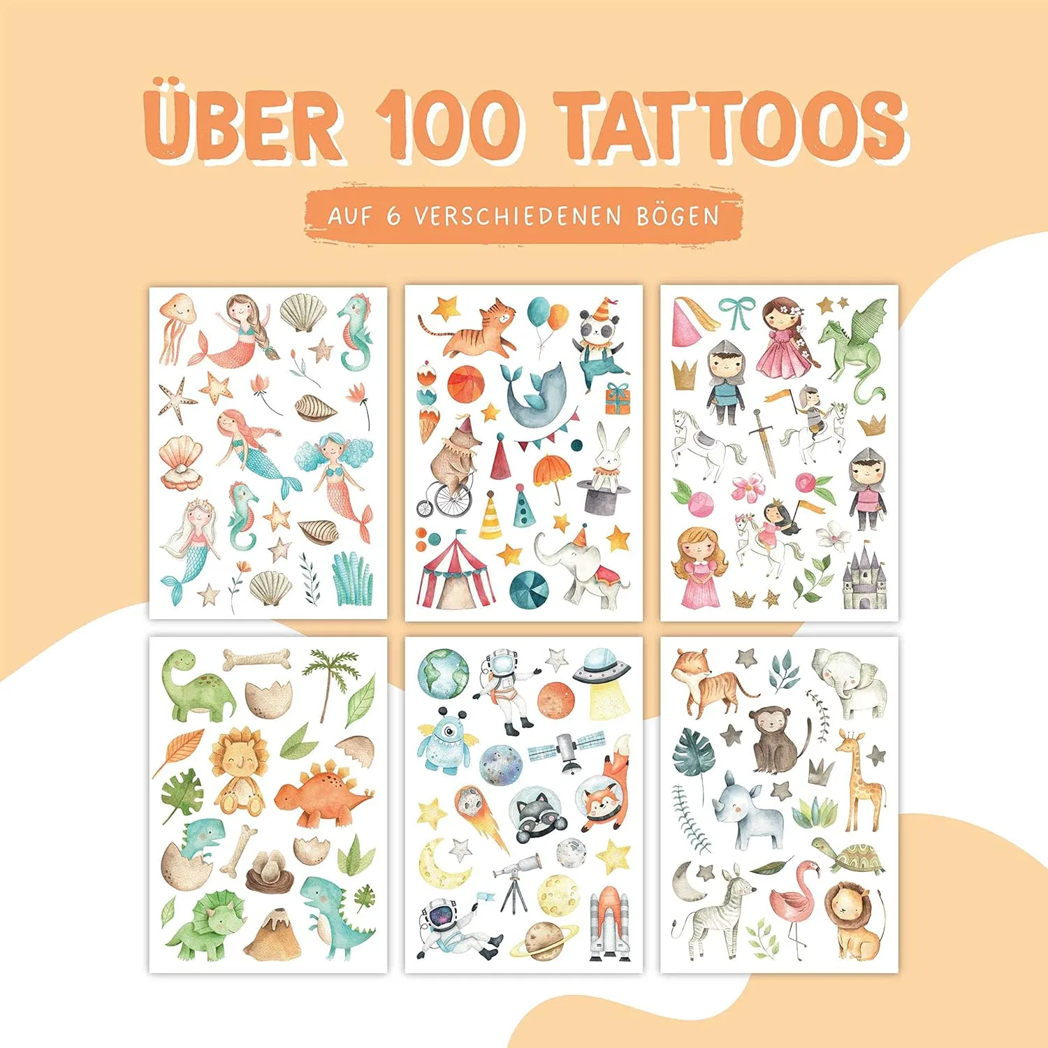 Набор из 100 детских переводных татуировок с рисунками от Papierdrachen Papierdrachen, Colourful Mix — фото 2