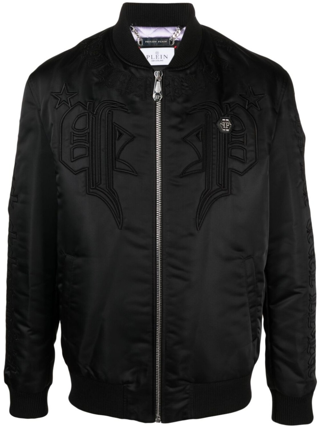 

Philipp Plein атласный бомбер с вышитым логотипом, черный