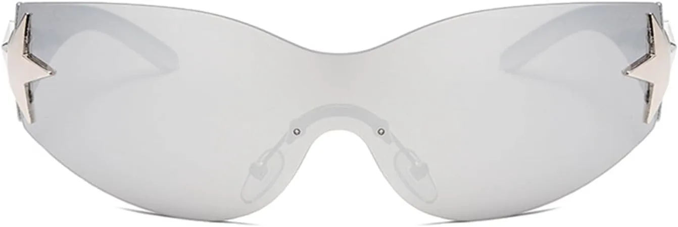 

Солнцезащитные очки Y2K для женщин и мужчин, модные солнцезащитные очки-щитки, солнцезащитные очки без оправы со звездами, очки большого размера Ehoomely, Silver