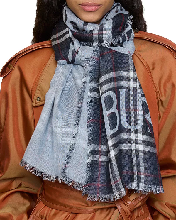 Широкий шерстяно-шелковый шарф в клетку ekd Burberry, синий — фото 2