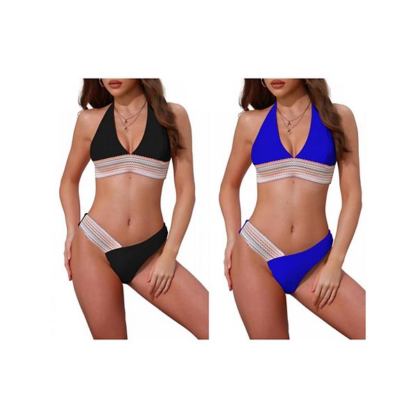 

2 комплекта женского бикини с цветными волнообразными полосками, 2 предмета: топ-халтер и низ v-образной формы Inspire Chic, Black Royal Blue, Черный, 2 комплекта женского бикини с цветными волнообразными полосками, 2 предмета: топ-халтер и низ v-образной