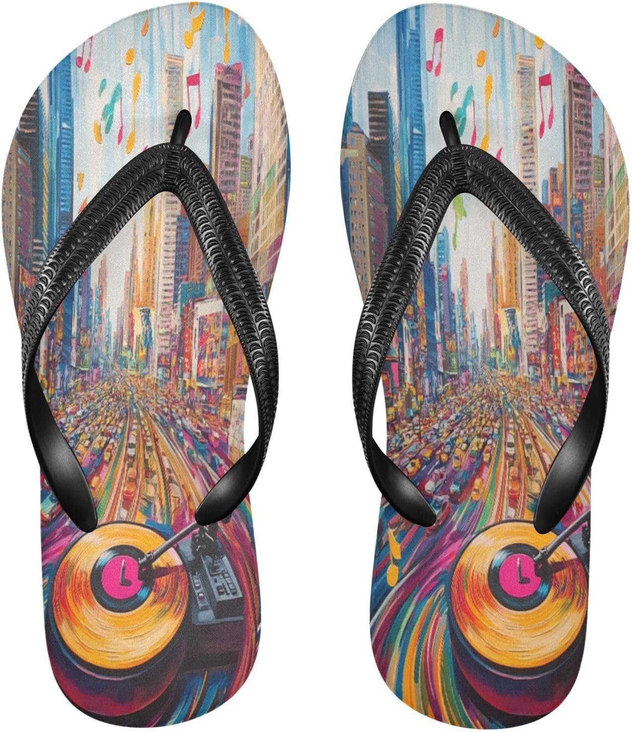 

Виниловые сандалии с рисунком городского пейзажа, яркие пляжные шлепанцы, резиновые, с нескользящей подошвой, летние тапочки для мужчин и женщин Sinestour, Cityscape Vinyl Record Colorful