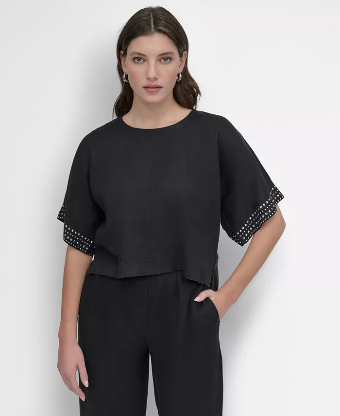 

Женская укороченная короткорукавная льняная блуза с шипами DKNY, черный
