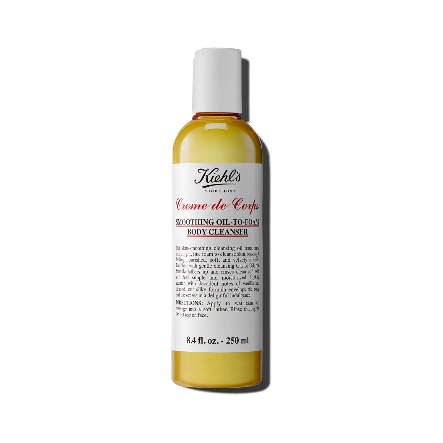 Kiehl's Creme de Corps Smoothing Oil-to-Foam Body Cleanser, увлажняющий гель для душа для гладкой и упругой кожи, с касторовым и виноградным маслом, для всех типов кожи, аромат ванили и миндаля - 250 мл