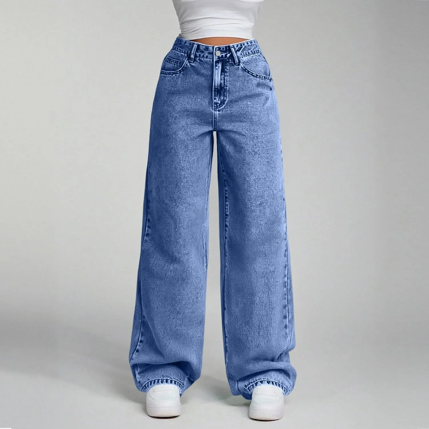 Широкие джинсы для женщин High Waisted с эластичным поясом — фото 2