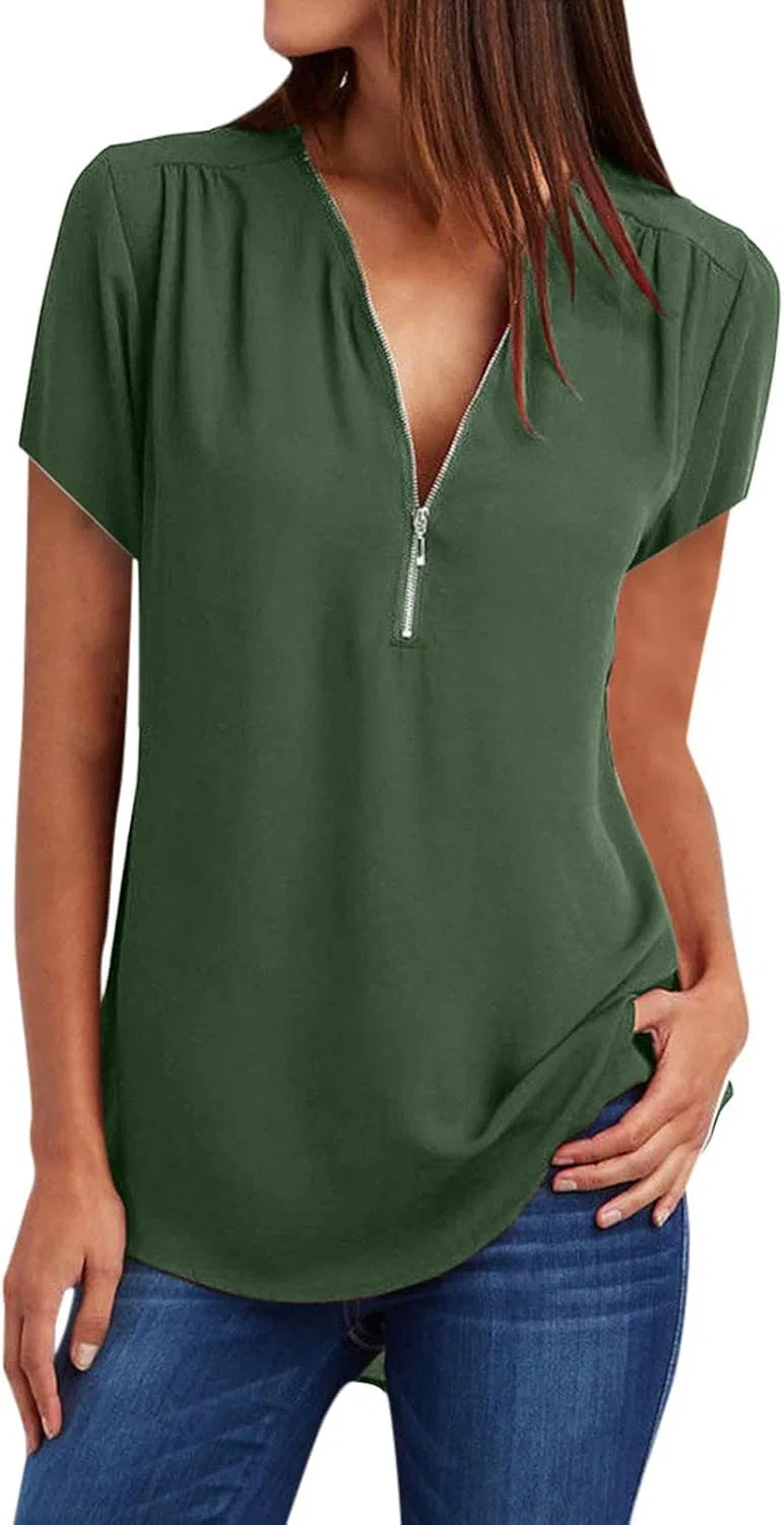 Блуза женская с 3/4 рукавом, полузастежкой, оверсайз, шифон, A04#army Green