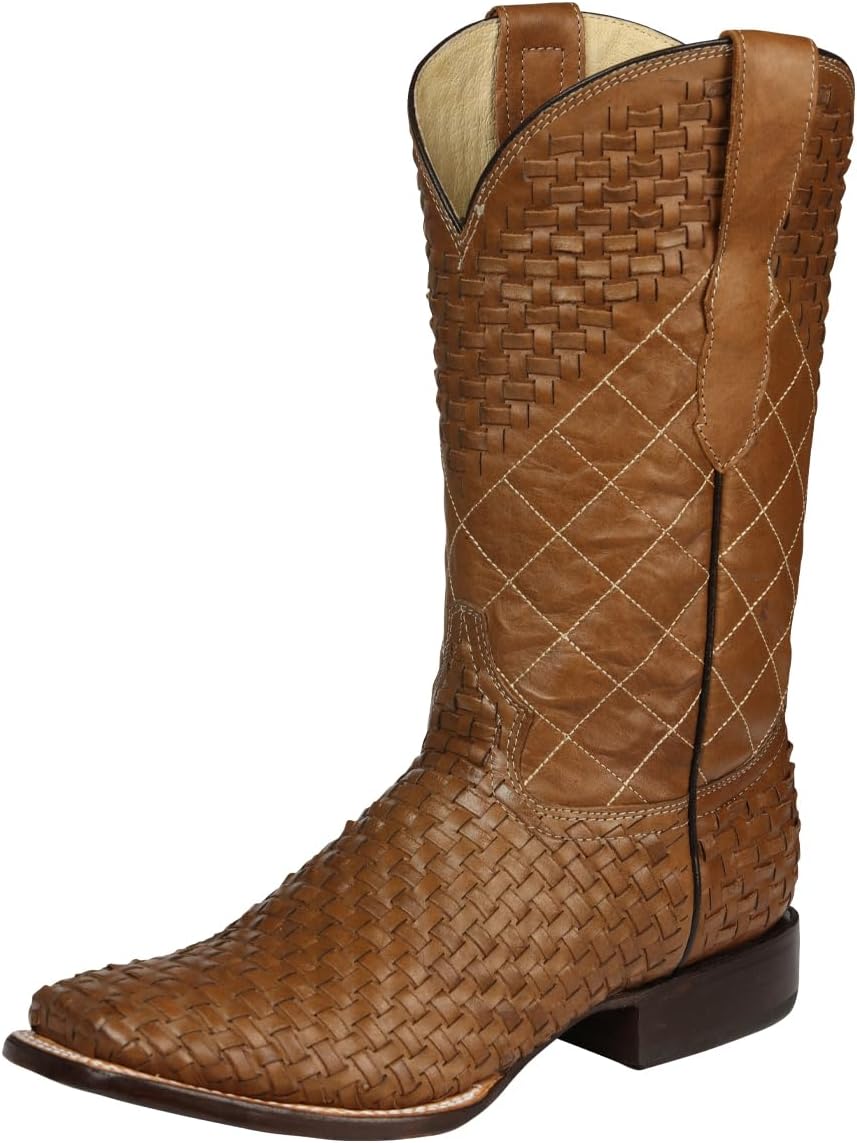

Мужские западные ковбойские сапоги для родео, с плетеным кожаным дизайном, квадратный носок, изготовлены в Мексике из кожи Петатильо Generic, Tan