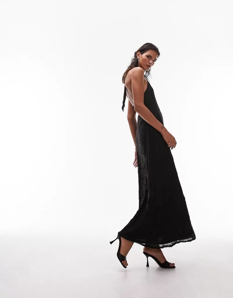 

Черное платье макси из фактурного джерси с воротником-халтер Topshop