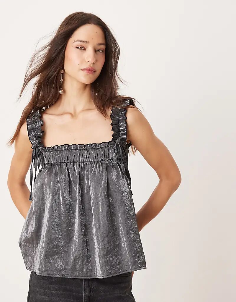 

Топ-комбинация с оборками на плечах, черный мерцающий ASOS DESIGN