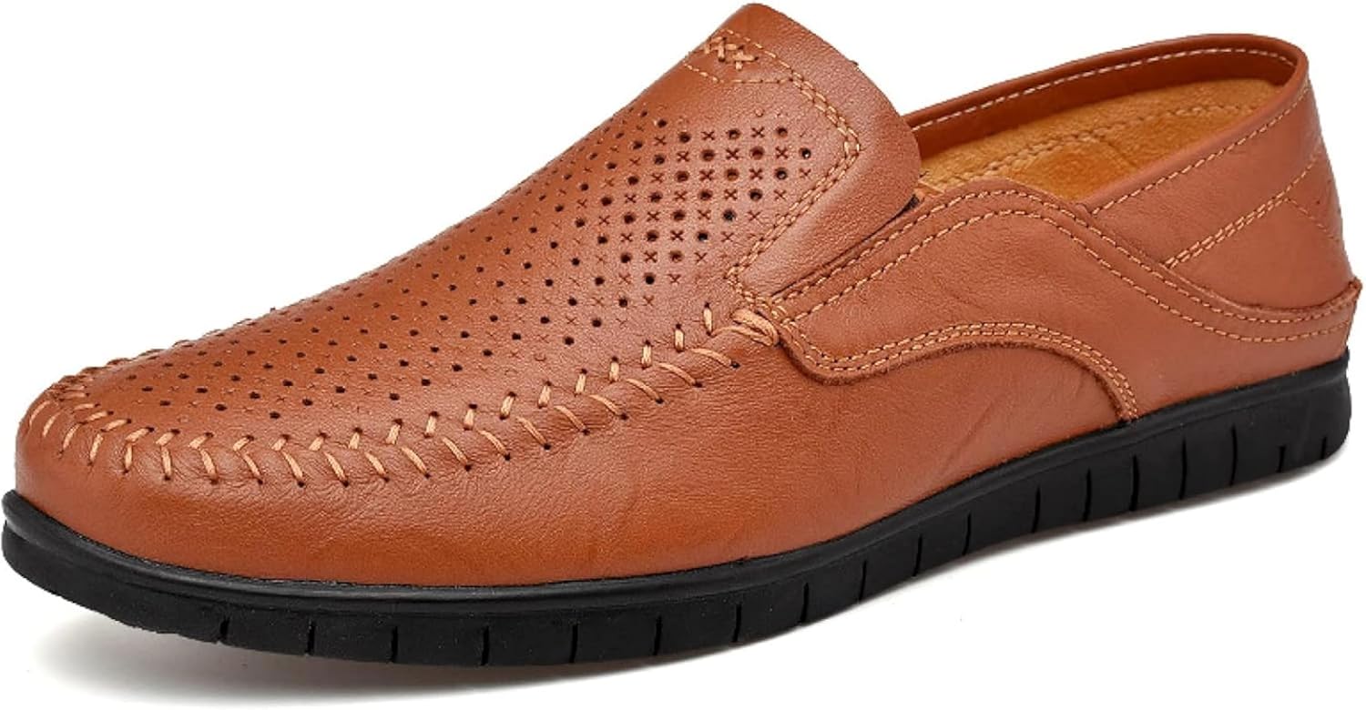 

Мужские удобные кожаные туфли, летние повседневные обувь с вырезами, обувь для вождения на улице, повседневная офисная обувь Oxcowniu, Brown Hollow