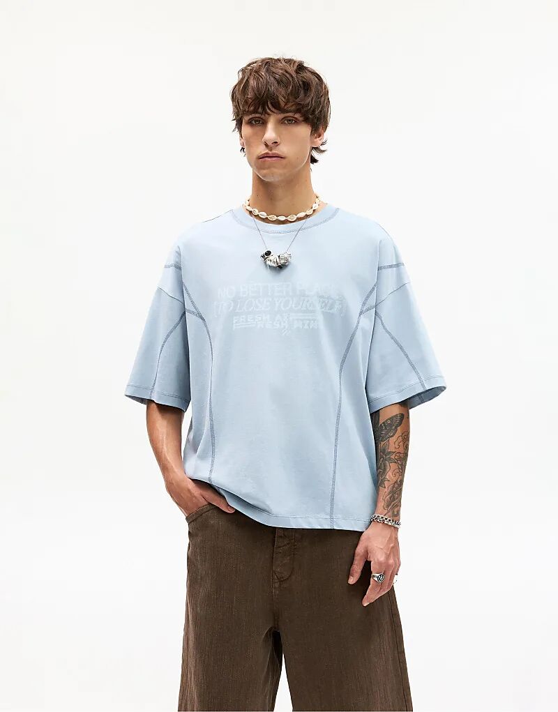 

Футболка Pull&Bear со швами и слоганом светло-голубого цвета