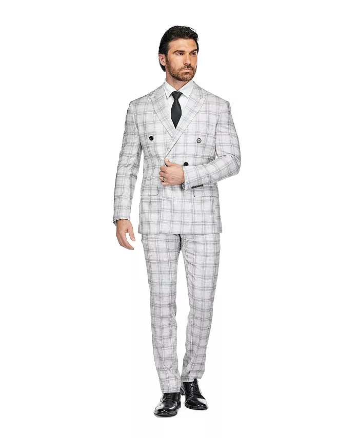 

Мужской серый клетчатый двубортный костюм 2 предмета Slim Fit Gino Vitale, белый