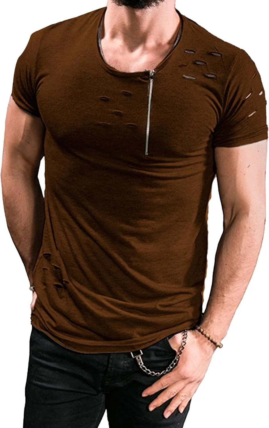 

Футболка мужская с молнией и потертостями Gsywaipei