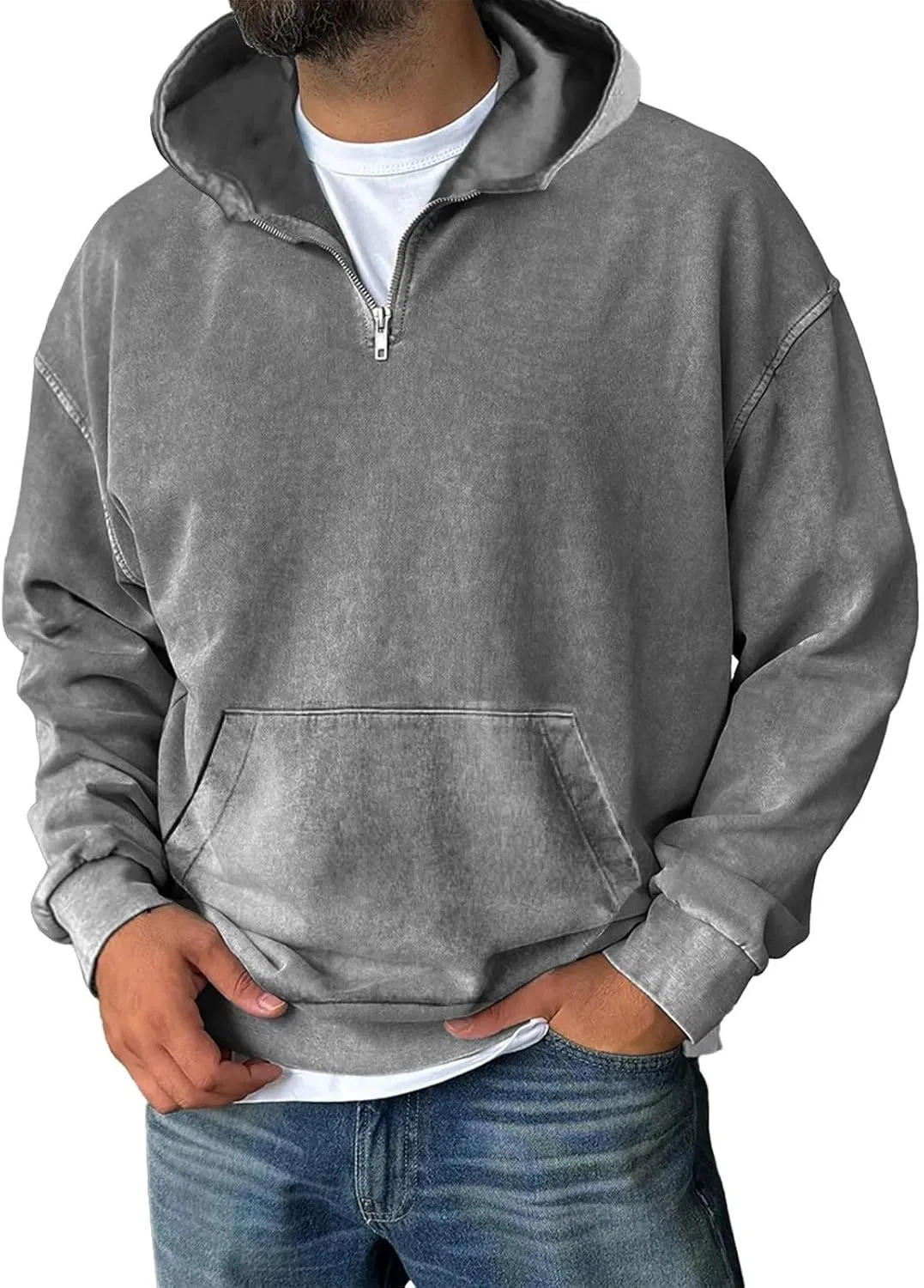 Худи мужское с капюшоном, quarter zip, Generic, серый