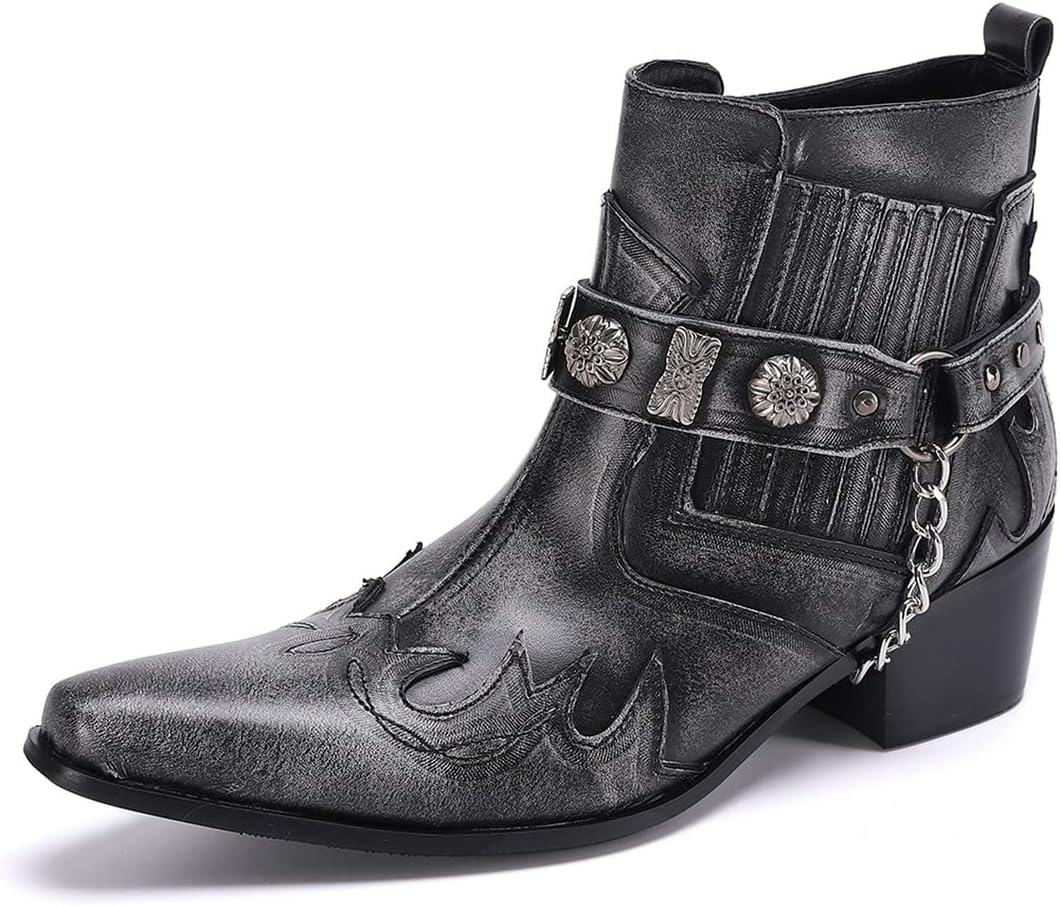 

Мужские повседневные ботинки Santimon Dress Chelsea с коротким голенищем - настоящая кожа, западные ковбойские ботинки с пряжкой и цепочкой для выпускного, бальных вечеров и дискотек, черный