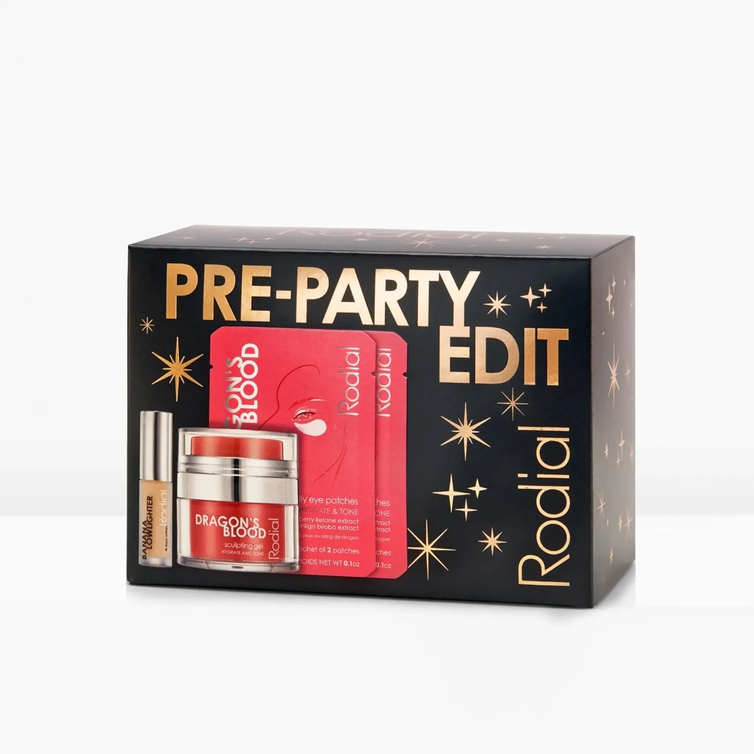 Набор Rodial Pre-Party Edit - праздничный подарочный набор для ухода за кожей и макияжа, включающий хайлайтер Banana Lowlighter (0,07 унции), скульптурирующий гель Dragon's Blood (0,30 жидкой унции) и 2 патча для глаз Dragon's Blood — фото 3