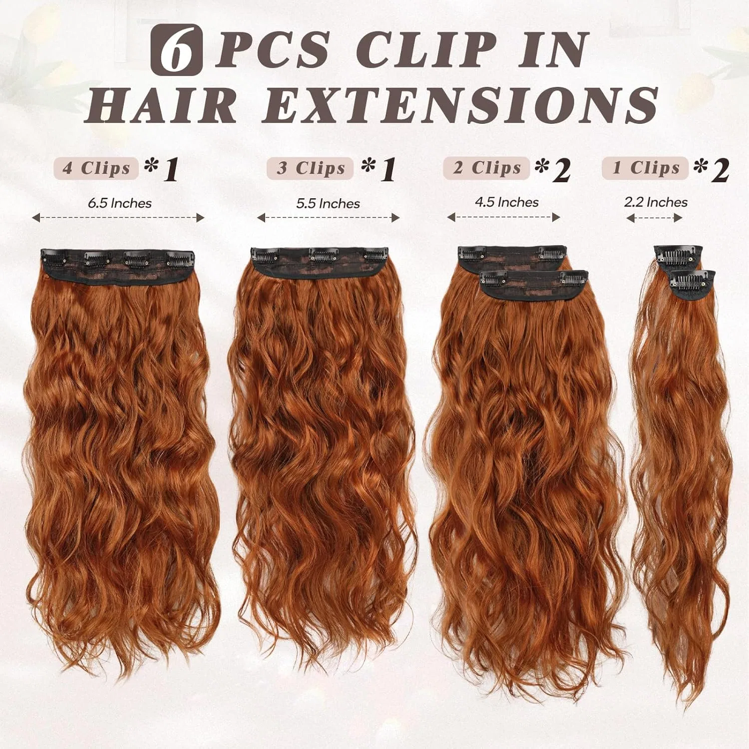 Накладные волосы BARSDAR на заколках, 50 см, волнистые, медные (6 шт.) Barsdar, Ginger Copper — фото 2