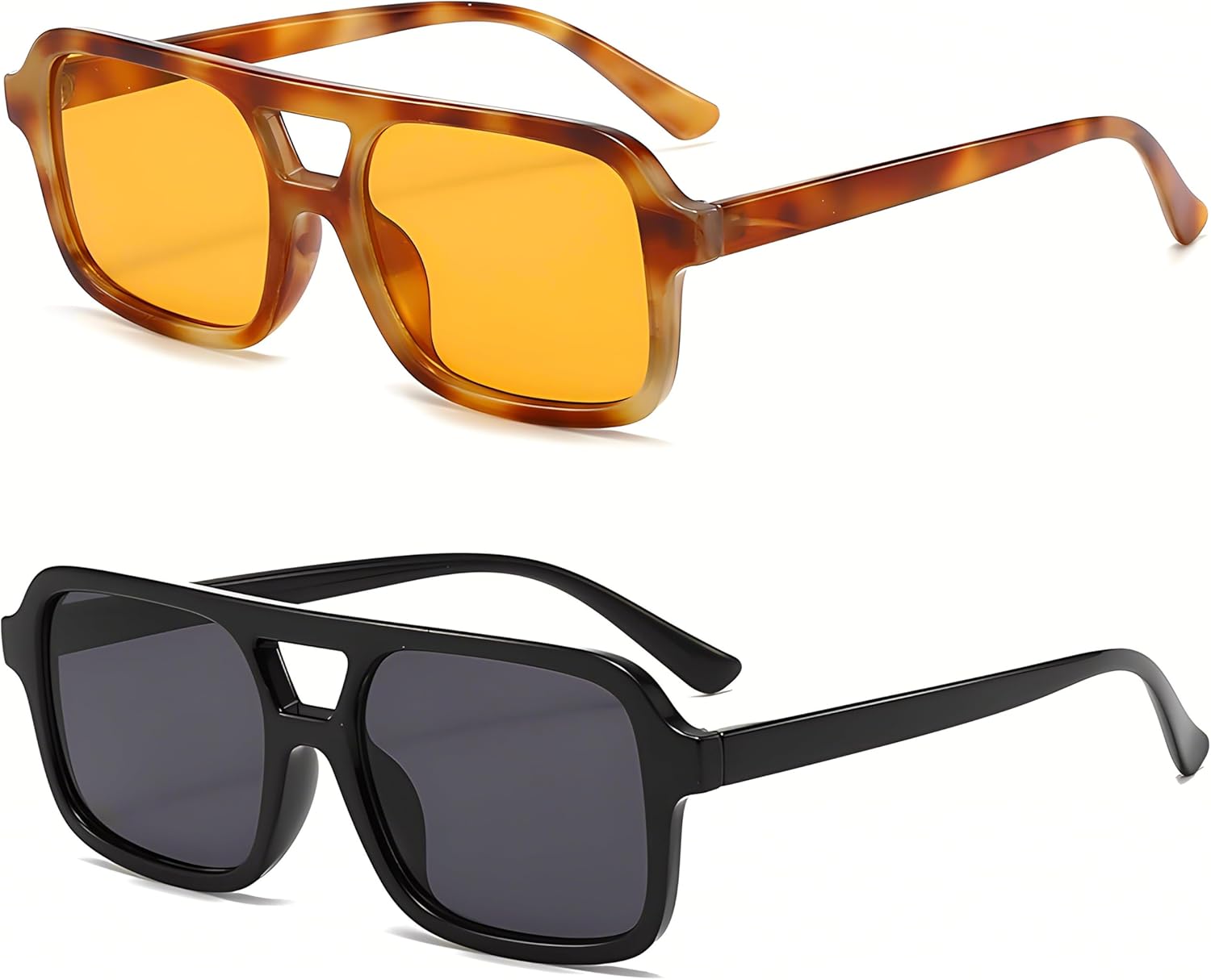 

Солнцезащитные очки-авиаторы в стиле ретро, ​​квадратные, для женщин и мужчин, винтажные, модные, прямоугольные, в стиле 70-х Kursan, 2 Pack (Tortoise/Orange + Bright Black/Black)