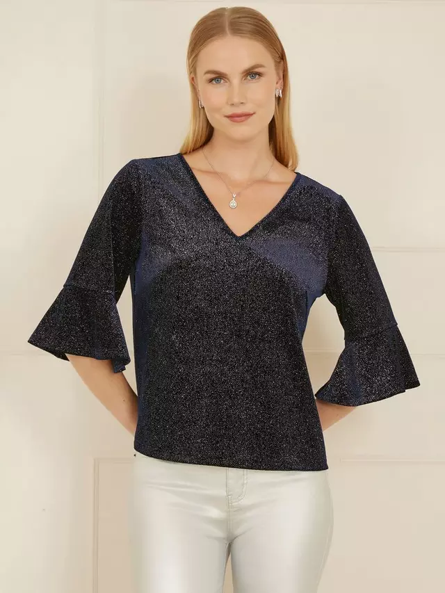 

Блуза Yumi Sparkle Velvet Fluted Sleeve, темно-синий