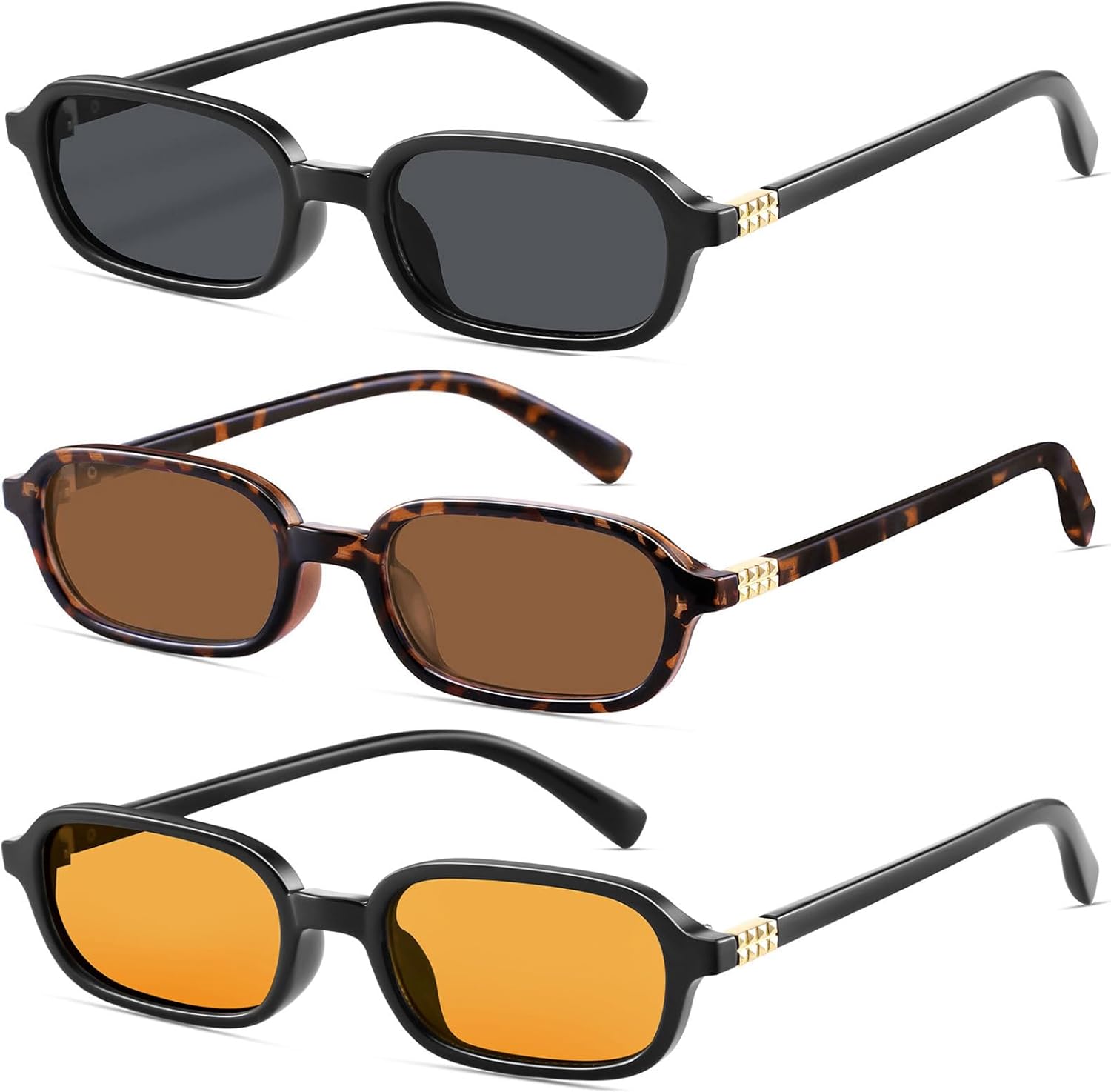 

Ретро прямоугольные солнцезащитные очки для женщин, узкие, модные, небольшие, в стиле 90-х, квадратная оправа, защита от УФ-излучения YMRFW, 3pack（black/Gray+leopard Print/Tea+black/Orange ）